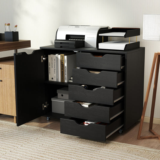 5-Drawer Chest with Door and Adjustable Shelf-Black