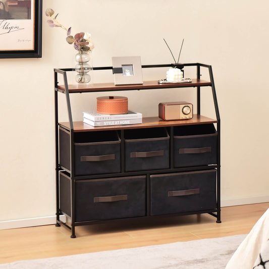 5 Drawers Dresser with Metal Frame and Anti-Toppling Devices-Brown