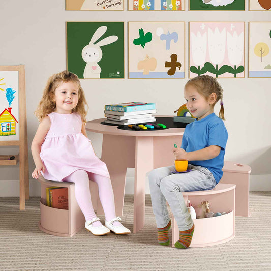5 PCS Kids Table and Chair Set with Writable Blackboard Desktop-Pink
