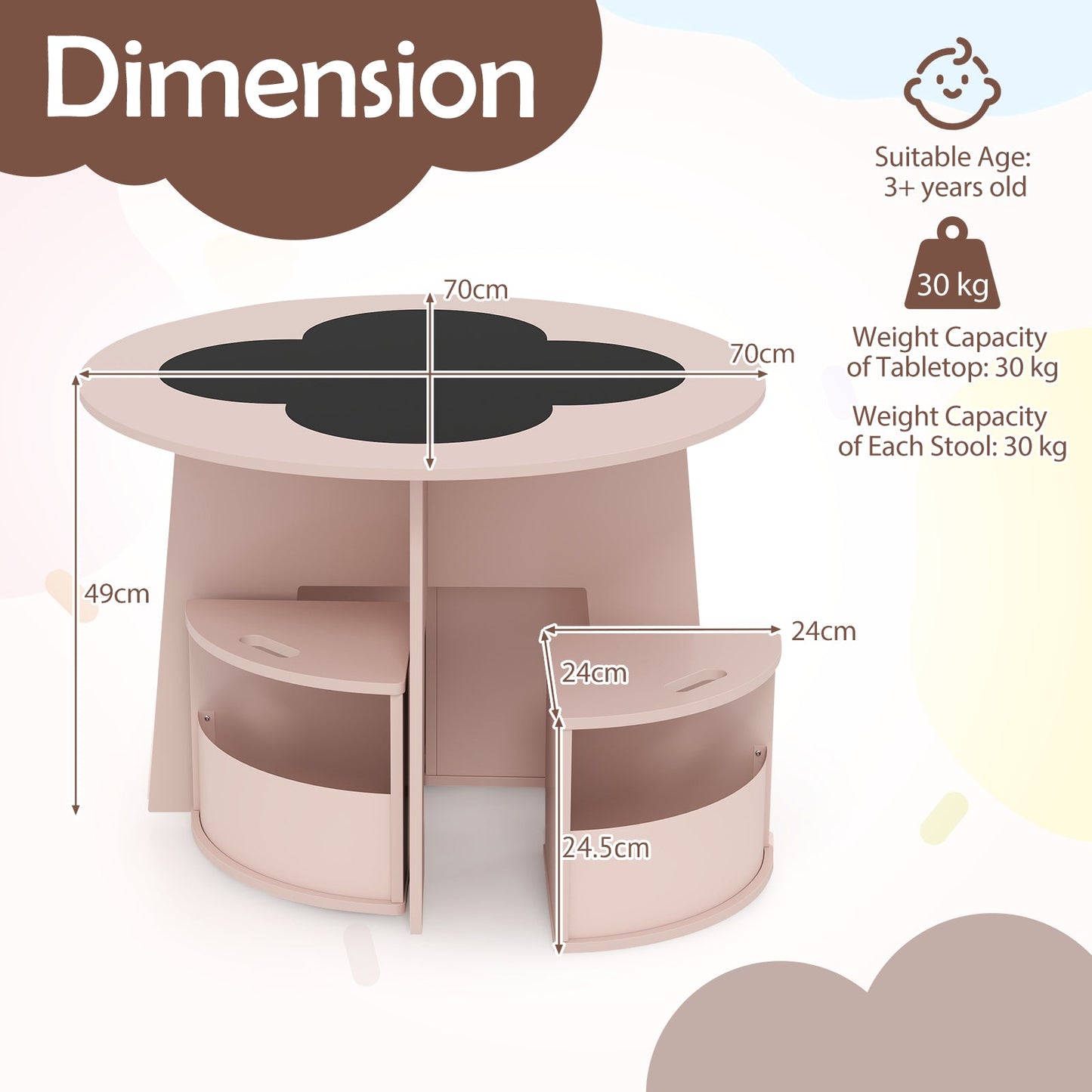 5 PCS Kids Table and Chair Set with Writable Blackboard Desktop-Pink