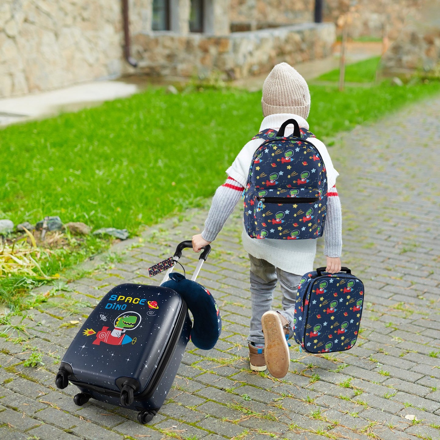 5 Piece Kids Luggage Set Carry-on Children Rolling Suitcase Set with Backpack-Dark Blue