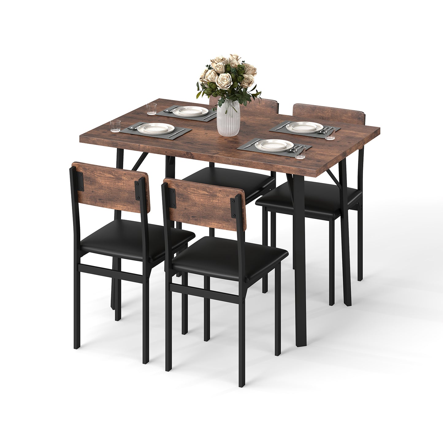 5-Piece Dining Table Set for 4 People with Metal Leg for Small Room-Brown