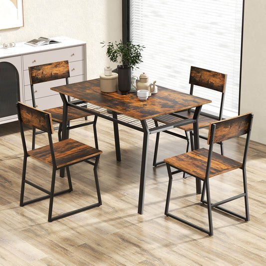 5 Piece Dining Table Set with Storage Rack and Metal Frame-Rustic Brown