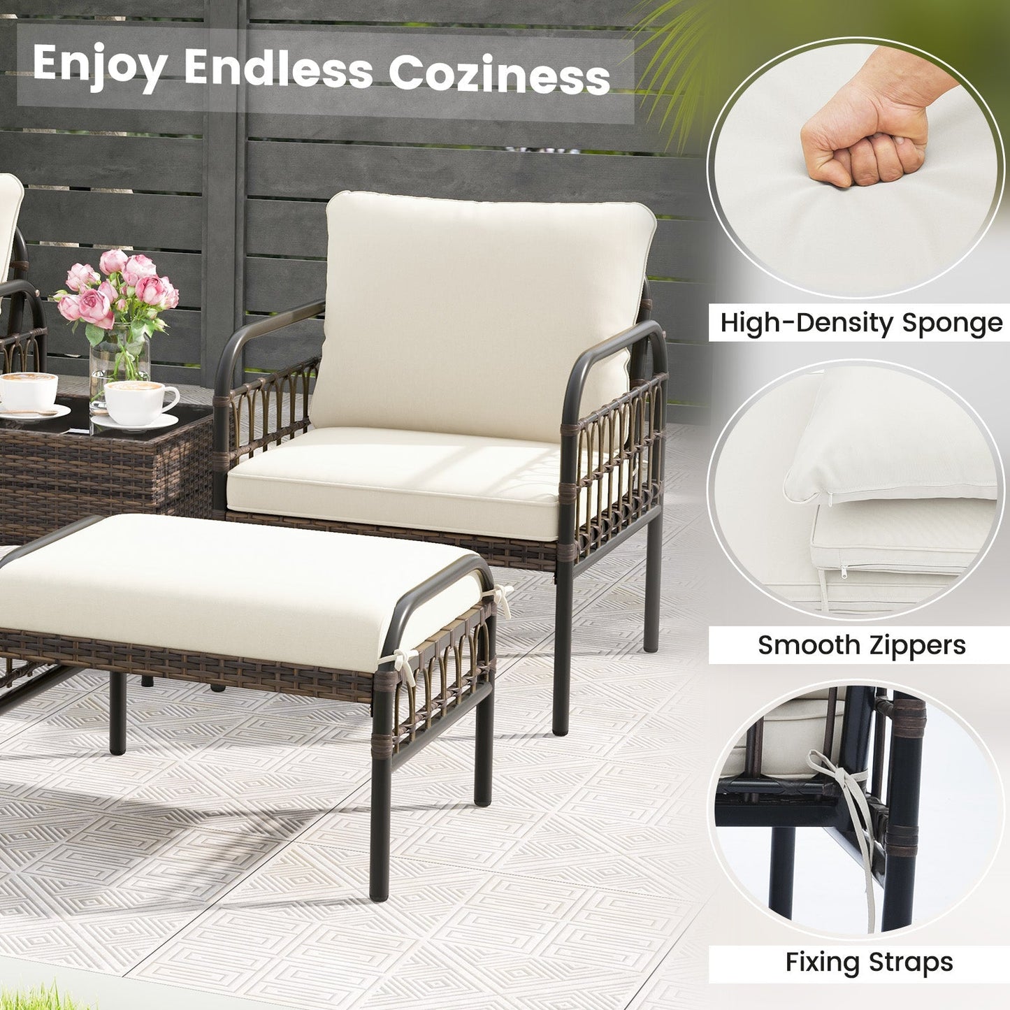 5 Piece Patio Conversation Set with Ottomans and Coffee Table-White