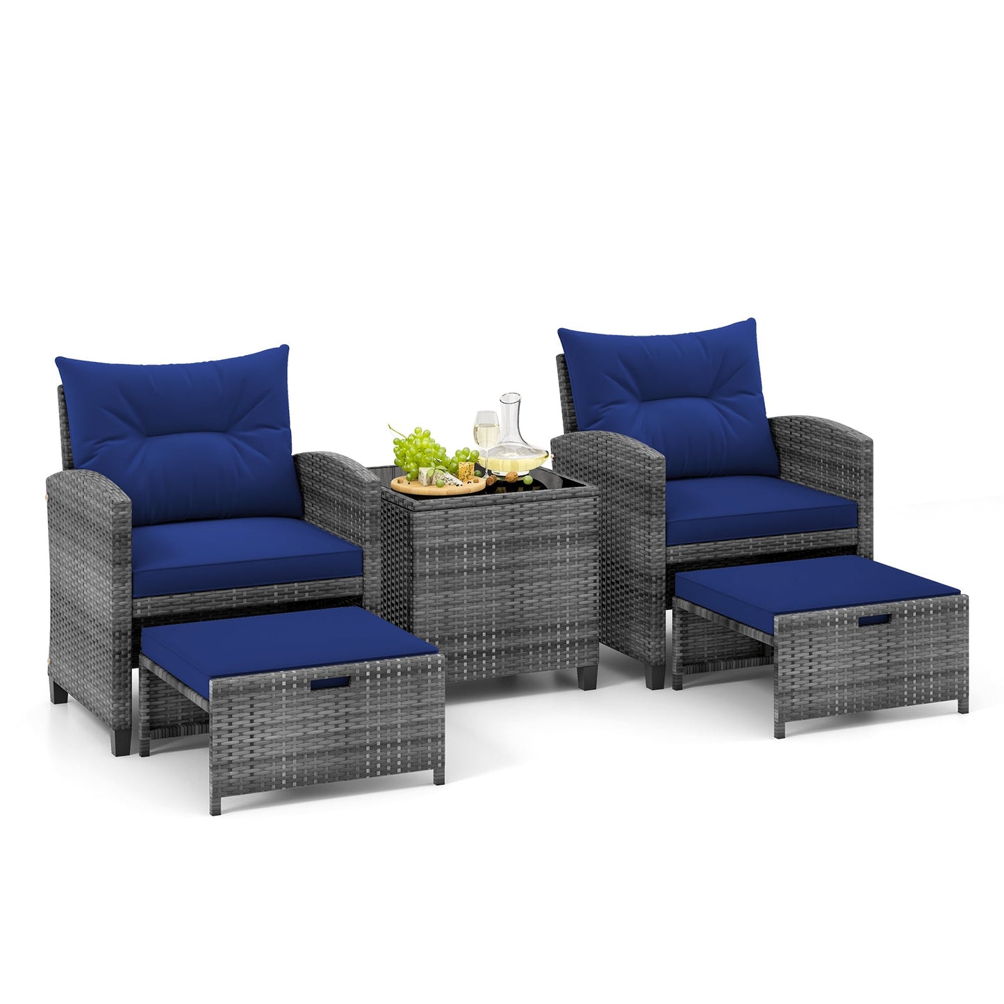5 Piece Wicker Patio Furniture Set with 2 Cushioned Chairs and 2 Ottomans-Navy
