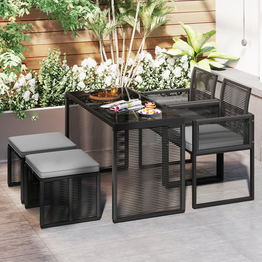 5 Pieces Patio Dining Set with Removable Cushions and Rattan Ottomans-Grey