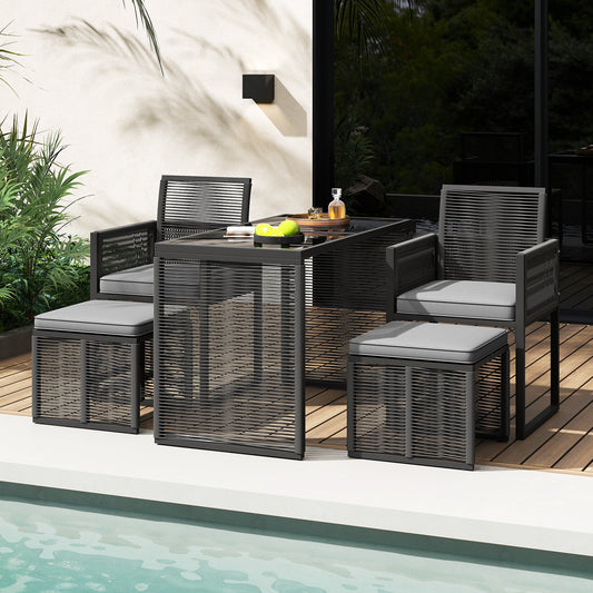 5 Pieces Patio Dining Set with Removable Cushions and Rattan Ottomans-Grey