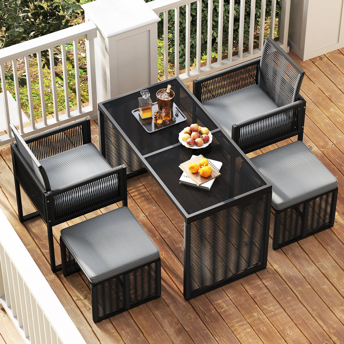 5 Pieces Patio Dining Set with Removable Cushions and Rattan Ottomans-Grey