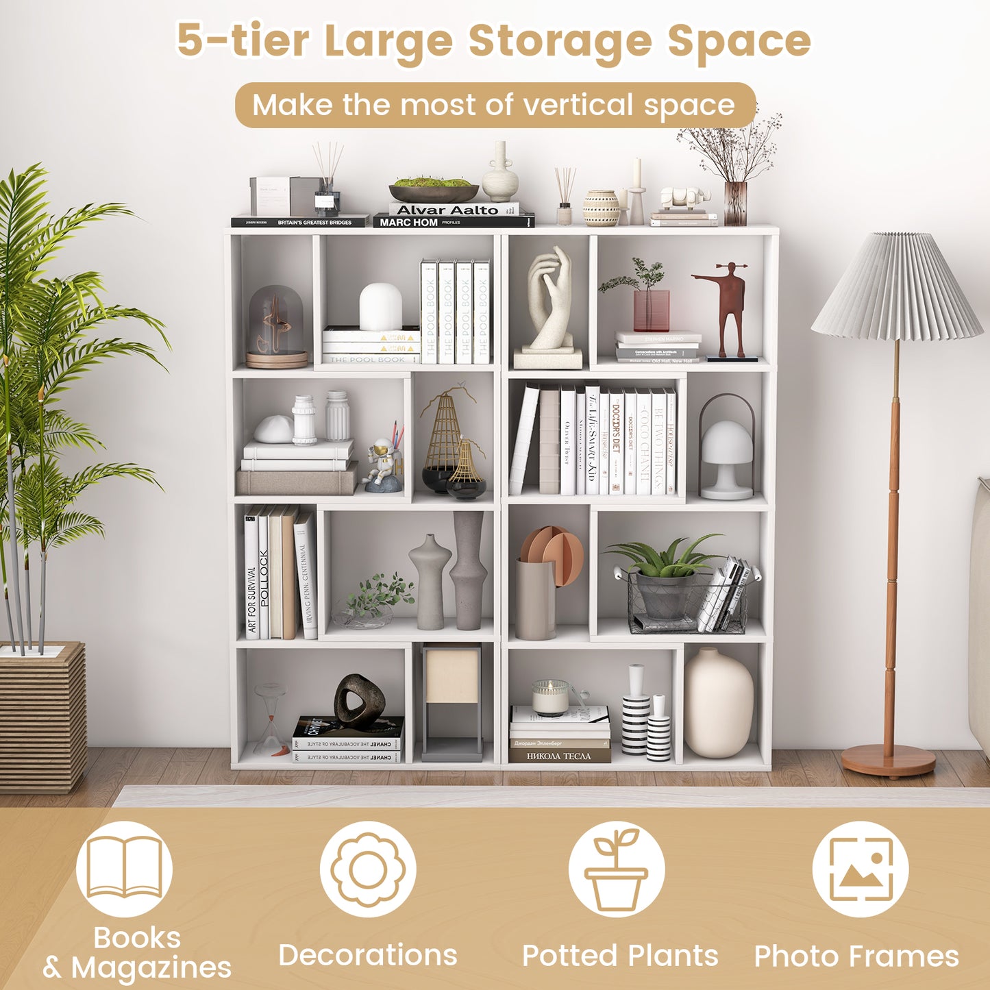 5-Tier Geometric Bookshelf with 8 Cubes Floor Standing Open Display-White