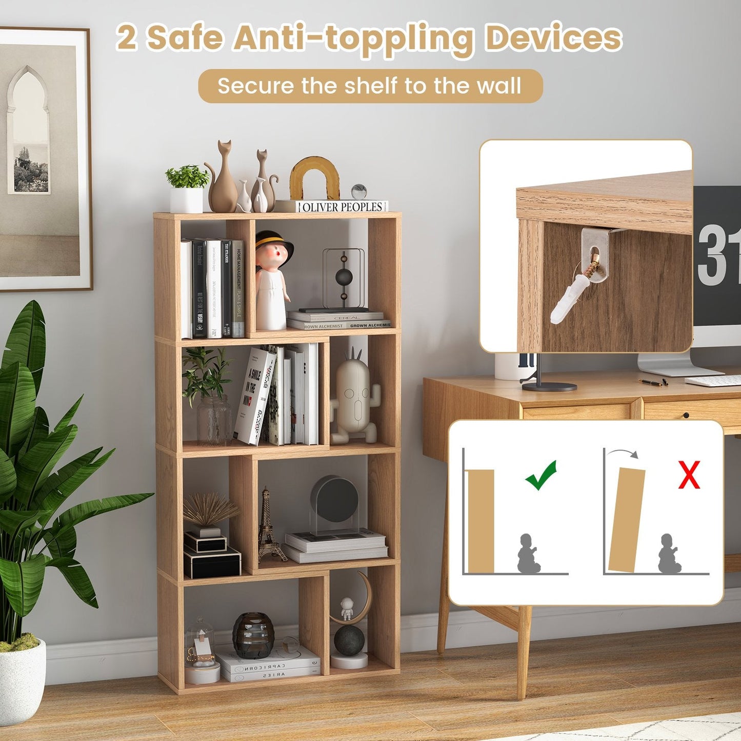 5-Tier Geometric Bookshelf with 8 Cubes Floor Standing Open Display-Natural