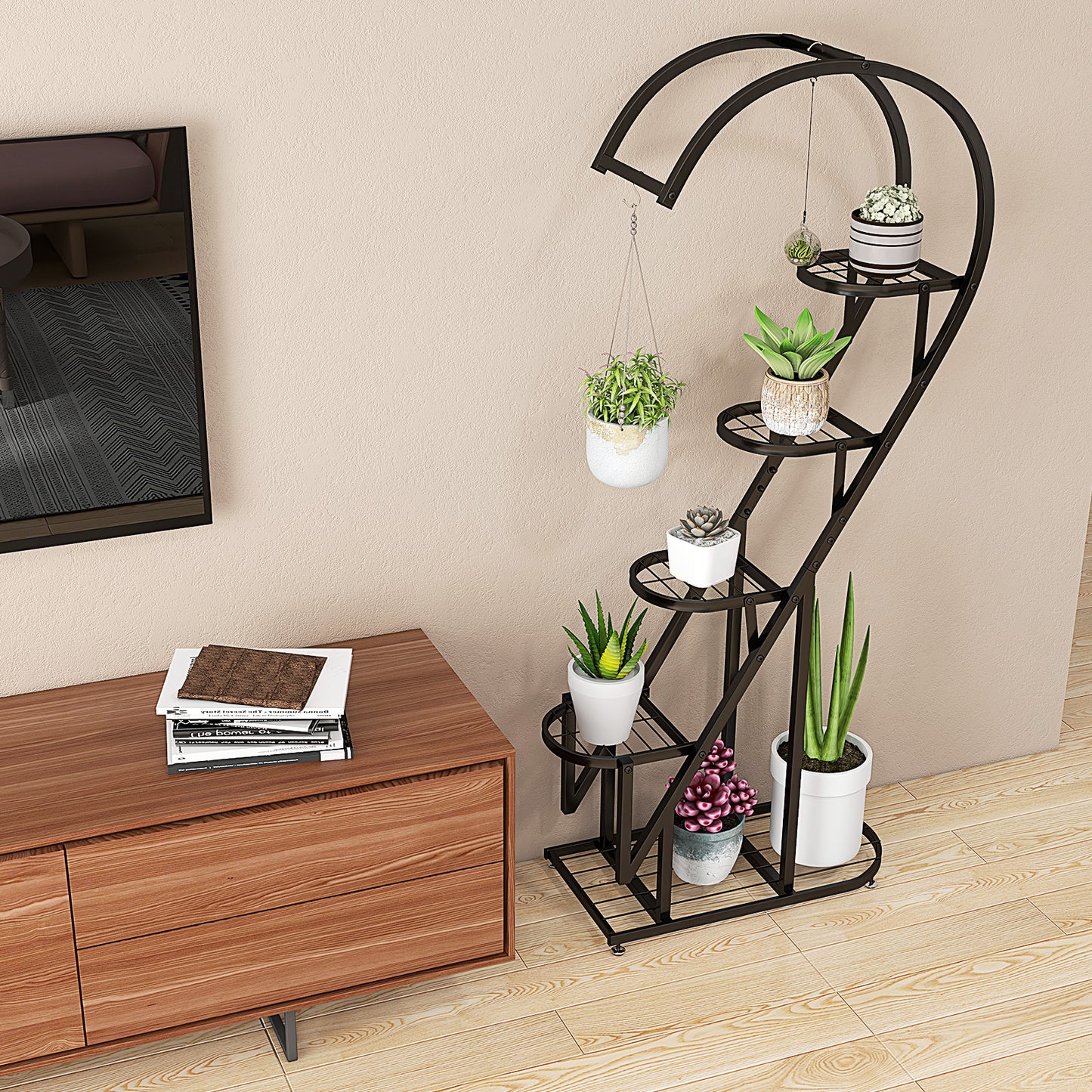 5-Tier Metal Heart-shaped Plant Stand with Hanging Hooks-Black