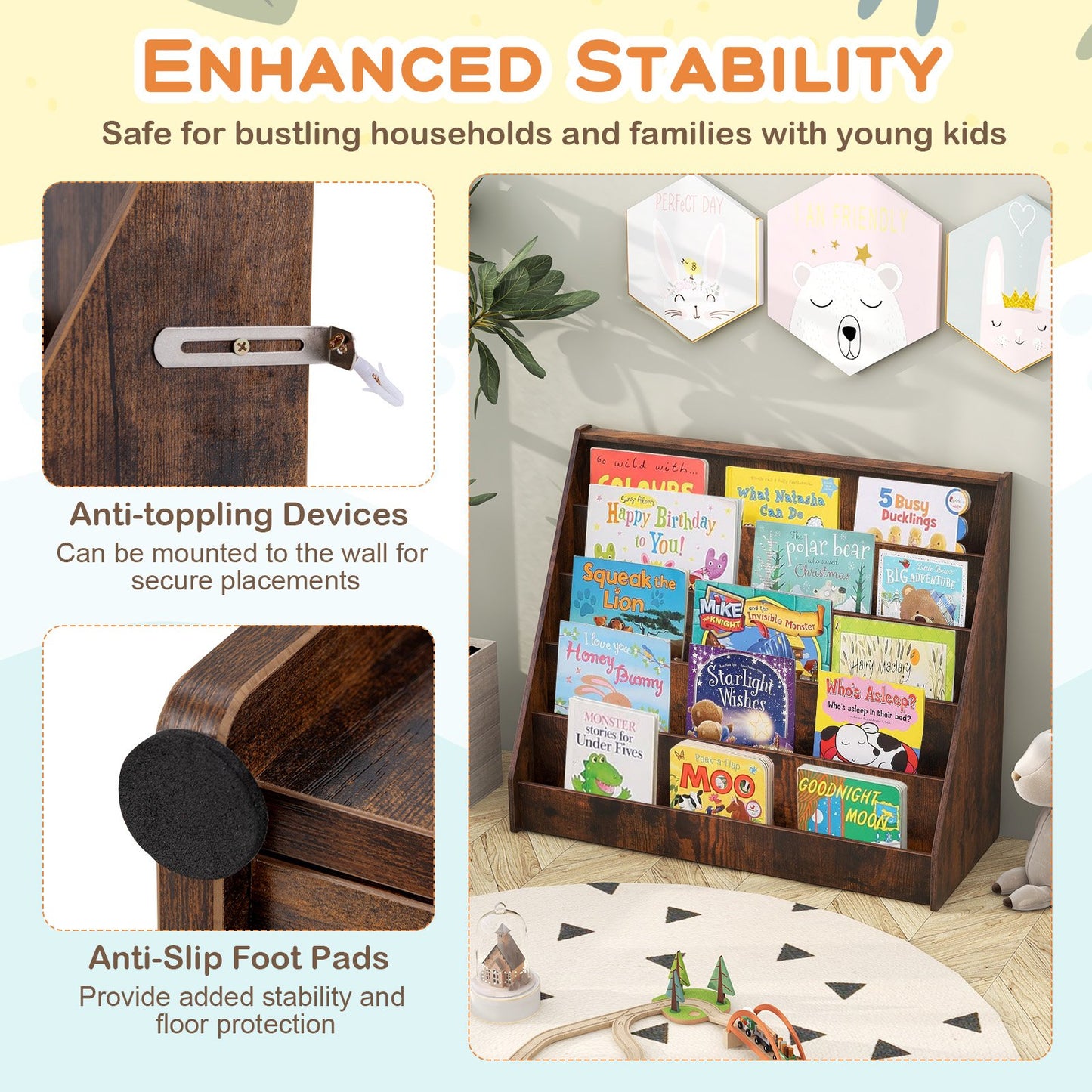 5-Tier Wooden Toddler Book Shelf Stand with Deep Compartments-Rustic Brown