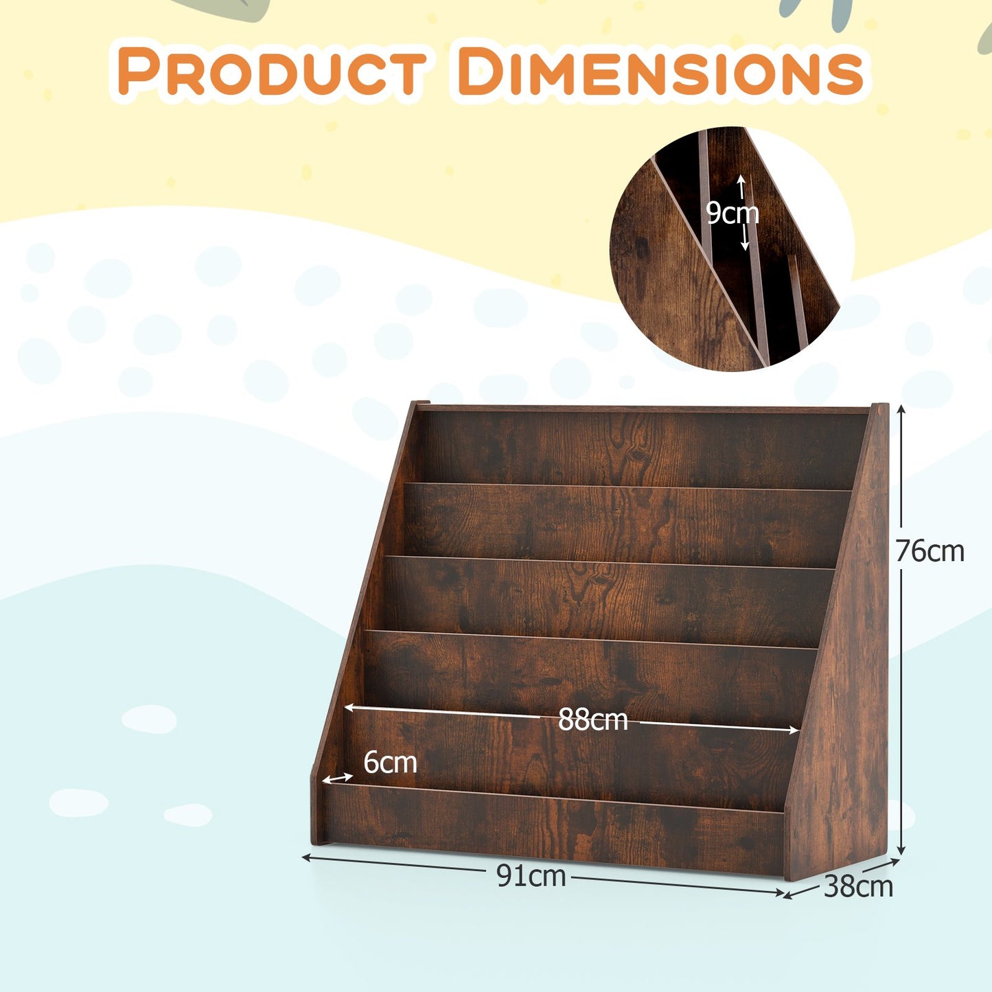 5-Tier Wooden Toddler Book Shelf Stand with Deep Compartments-Rustic Brown