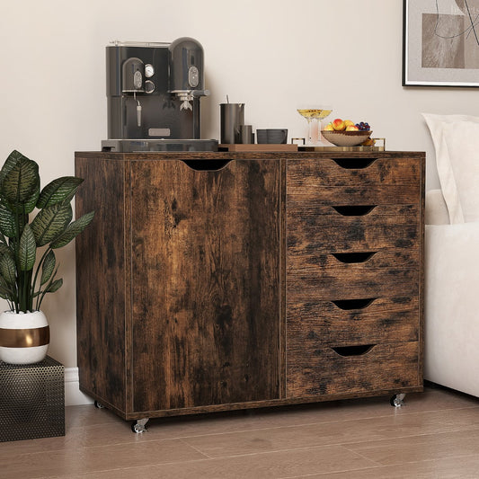 5-Drawer Chest with Door and Adjustable Shelf-Rustic Brown