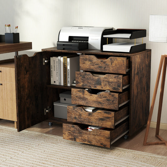 5-Drawer Chest with Door and Adjustable Shelf-Rustic Brown