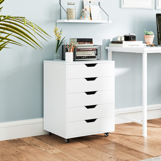 5 Drawer Chest with Lockable Wheels for Home Office-White
