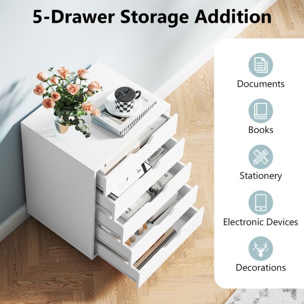 Roll container with 5 drawers Mobile filing cabinet with wheels 48 x 39.5 x 65.5 cm White