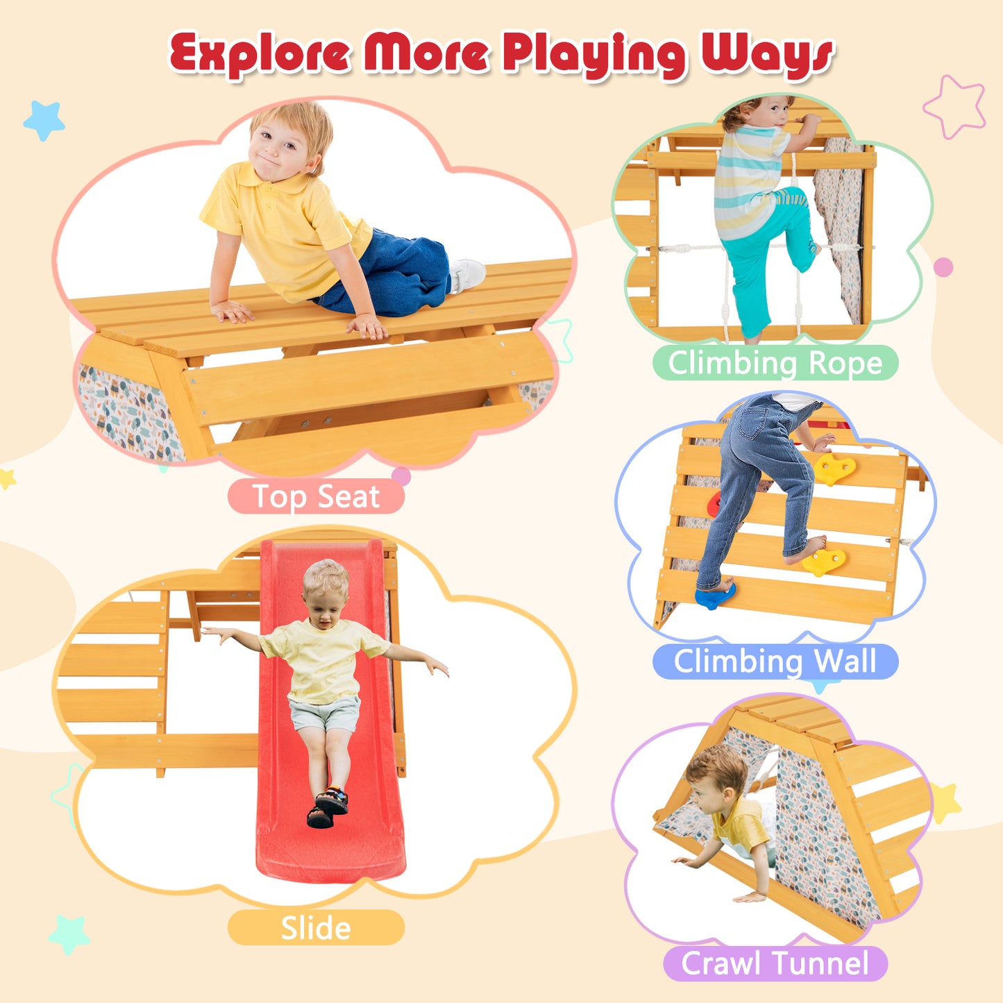 5-in-1 Jungle Gym with Slide and Rock Climbing Wall