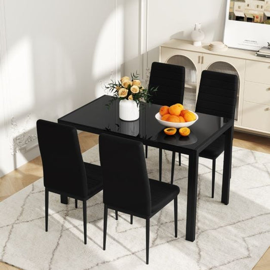 5 Piece Dining Table Set with Glass Tabletop and Metal Legs for Dining Room-Black