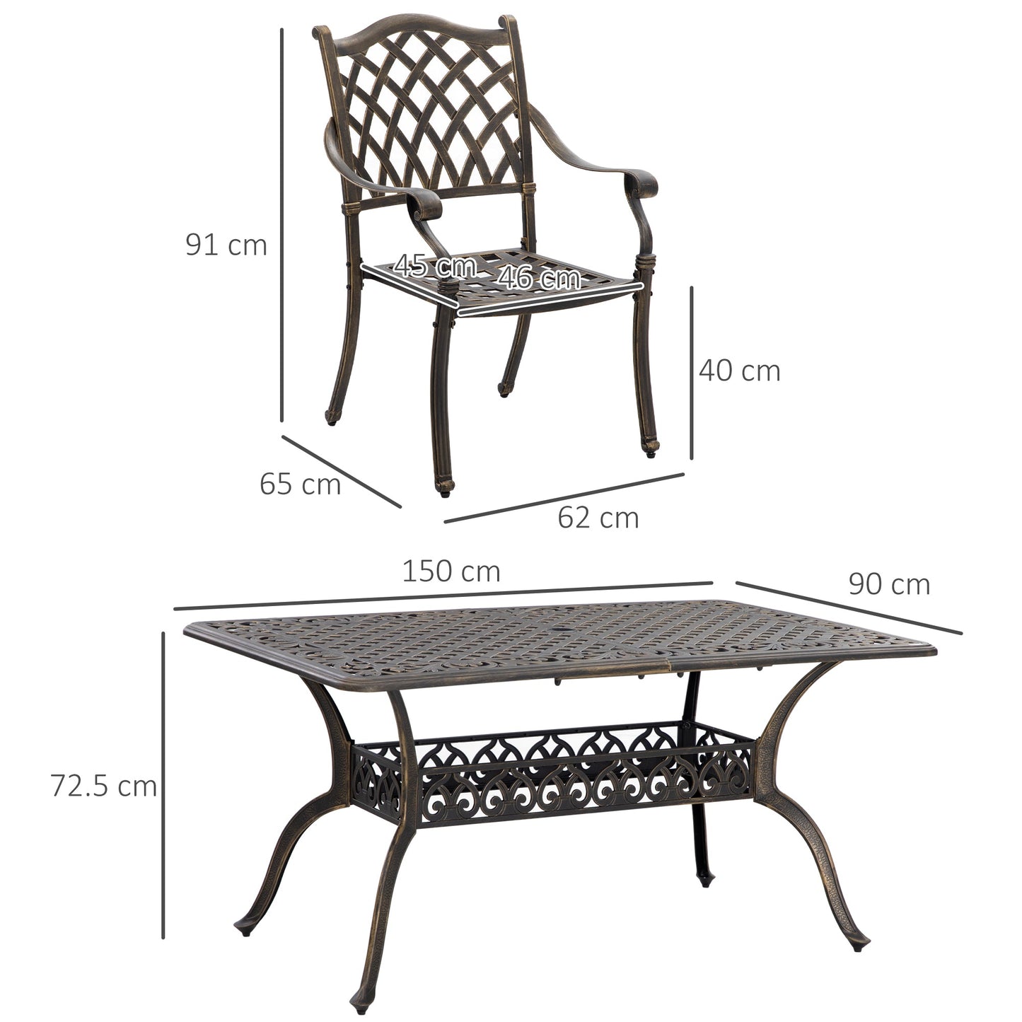 Zestaw mebli ogrodowych Outsunny 7 elementów z otworem na parasol, odlew aluminiowy z sześcioma krzesłami z poduszkami i prostokątnym stołem jadalnym, do ogrodu, na trawnik, taras, w odcieniu brązu