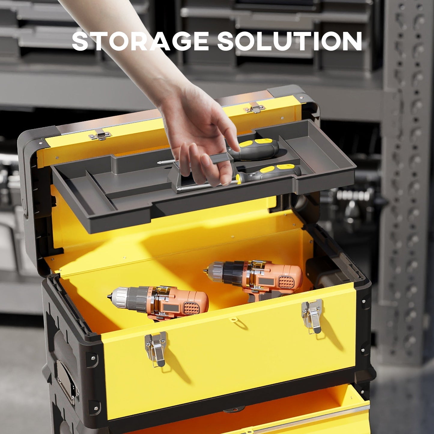 HOMCOM 3-in-1 Stackable Rolling Tool Box - Yellow