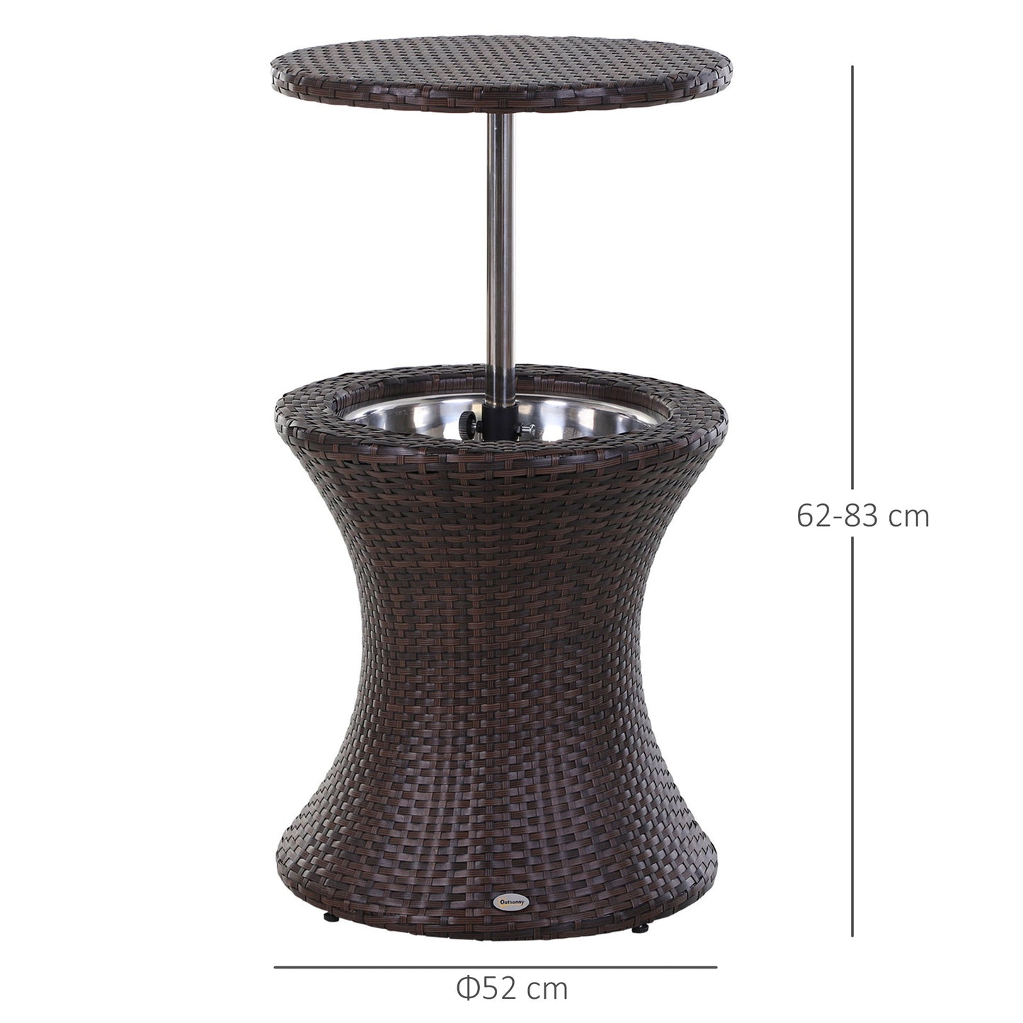 Outsunny PE Rattan Ice Bucket Table, Outdoor Round Liftable Beer Cooler, Cocktail Tables for Bar, Patio, Deck, Pool, Brown
