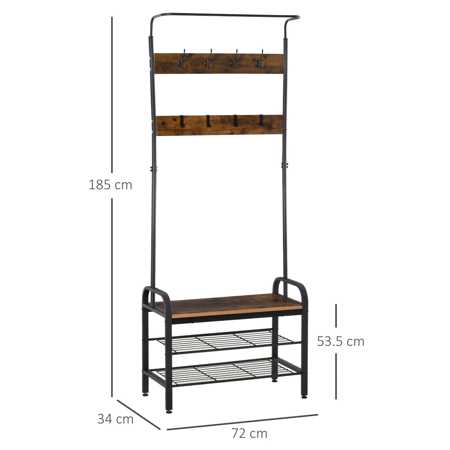 HOMCOM Coat Rack Stand Industrial hallway Shoe Rack Removable Hooks Metal Wood Hangers Storage Cabinet Rustic Brown 72L_34W_185H(cm)