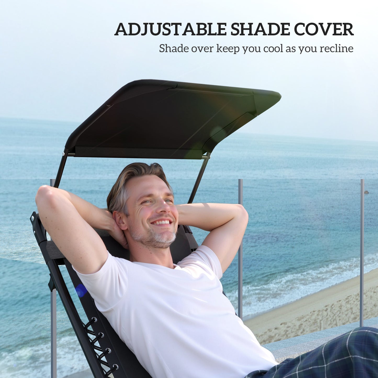 Outsunny Zero Gravity Lounger Chair, składany rozkładany fotel ogrodowy z osłoną przeciwsłoneczną, wyściełane siedzisko, uchwyt na kubek, miękka poduszka i zagłówek do użytku przy basenie, kempingowy, czarny