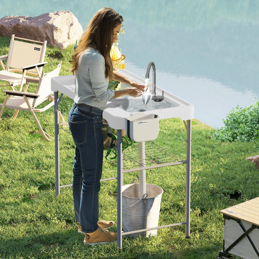 Outsunny Folding Fish Cleaning Table with Sinks, Portable Camping Sink Table with Faucet, Drainage Hose