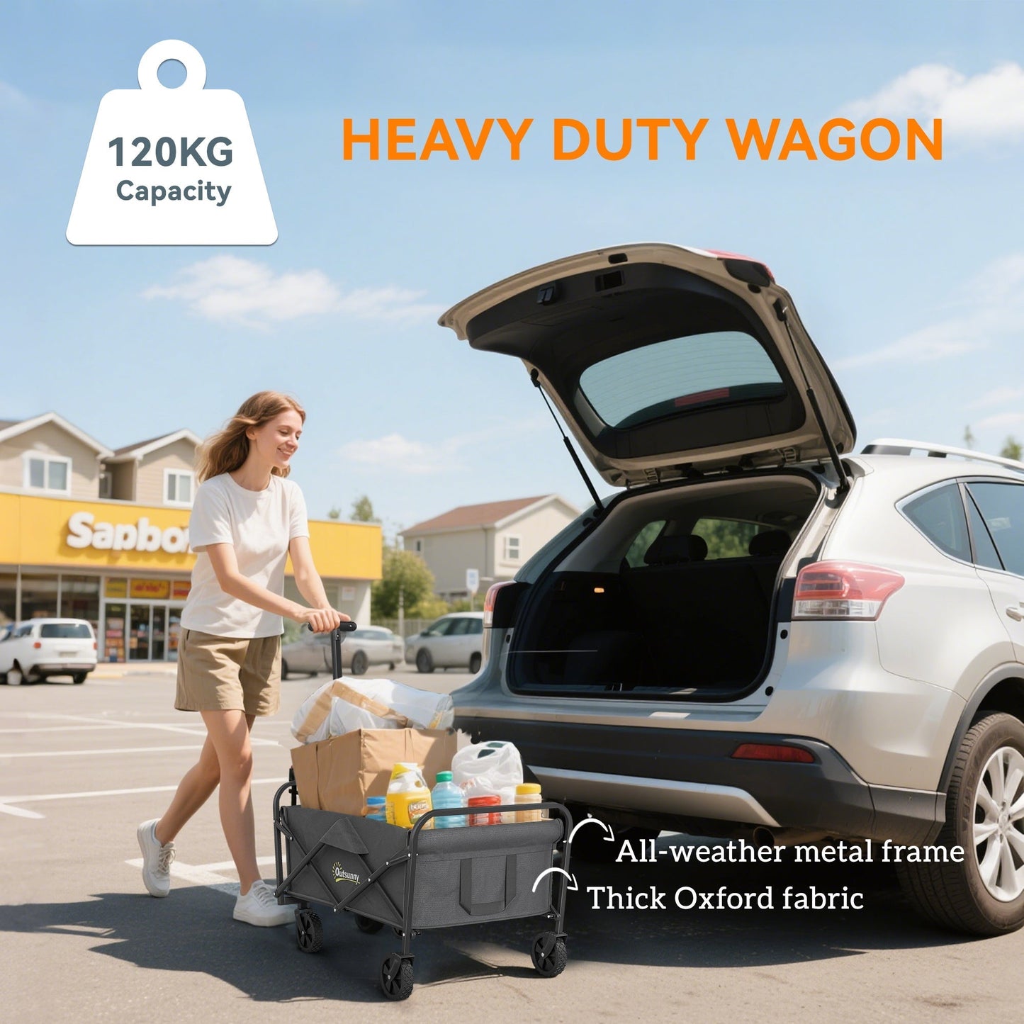 Outsunny 62L Festival Trolley on Wheels, Garden Folding Trolley Cart, 120kg Heavy Duty Collapsible Folding Wagon with Adjustable Handle and Carrying Bag for Beach, Camping, Festival, Grey