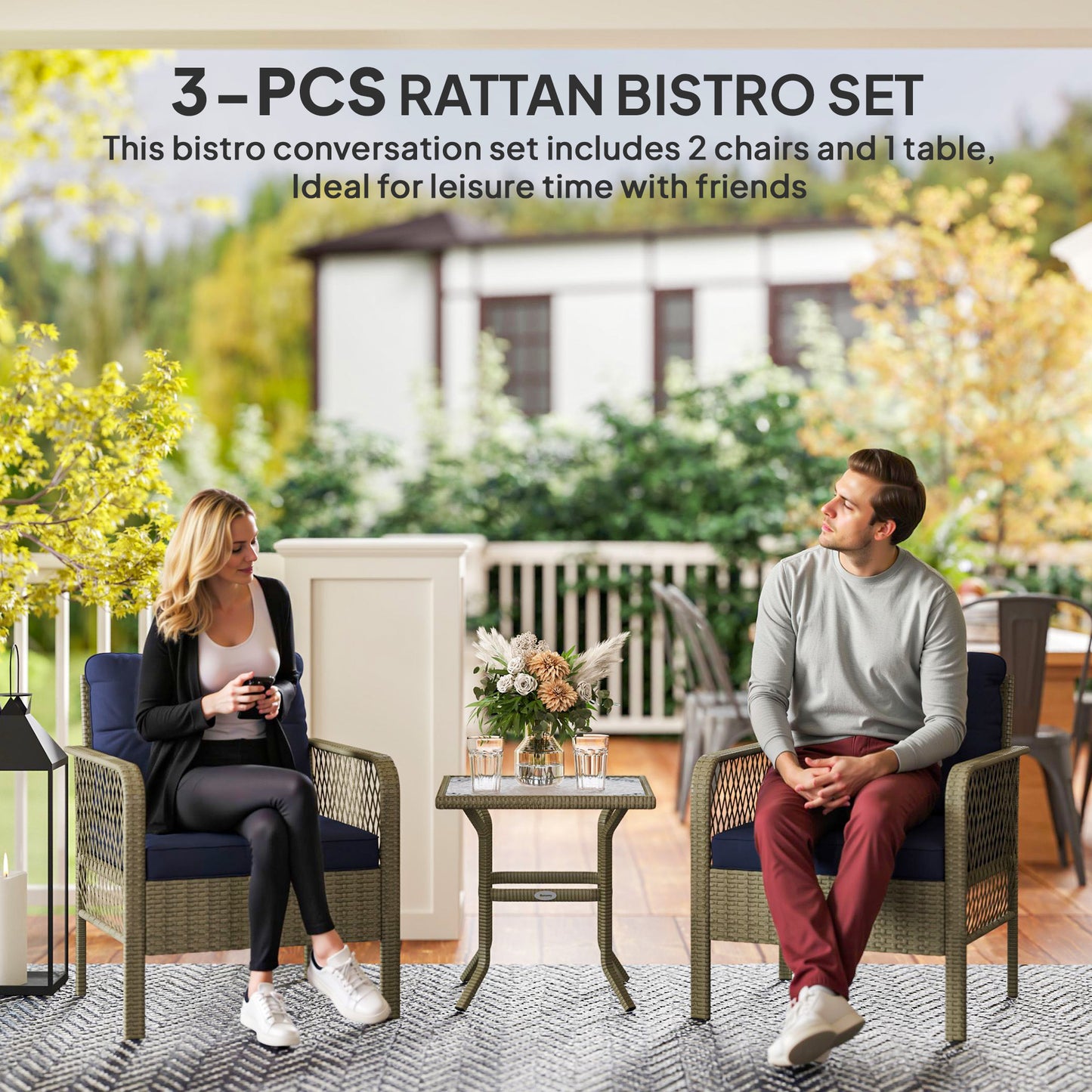 Outsunny 3-częściowy zestaw bistro z rattanu ze szklanym blatem, stolikiem kawowym, krzesłami i poduszkami na zewnątrz, patio, balkon, antracyt