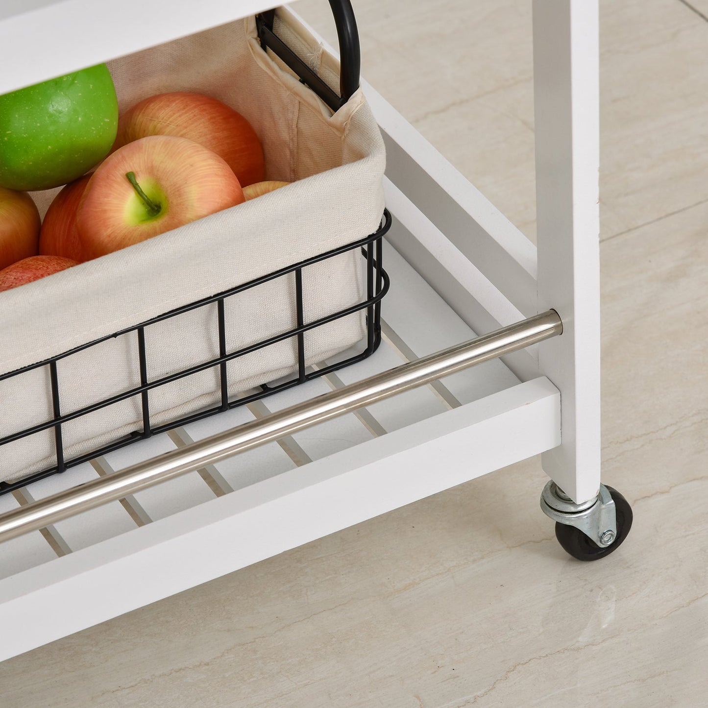 HOMCOM 3-Tier Home Trolley Kitchen Storage Cart w/ Steel Bars 4 Universal Wheels Rolling Unit Organiser Living Room White