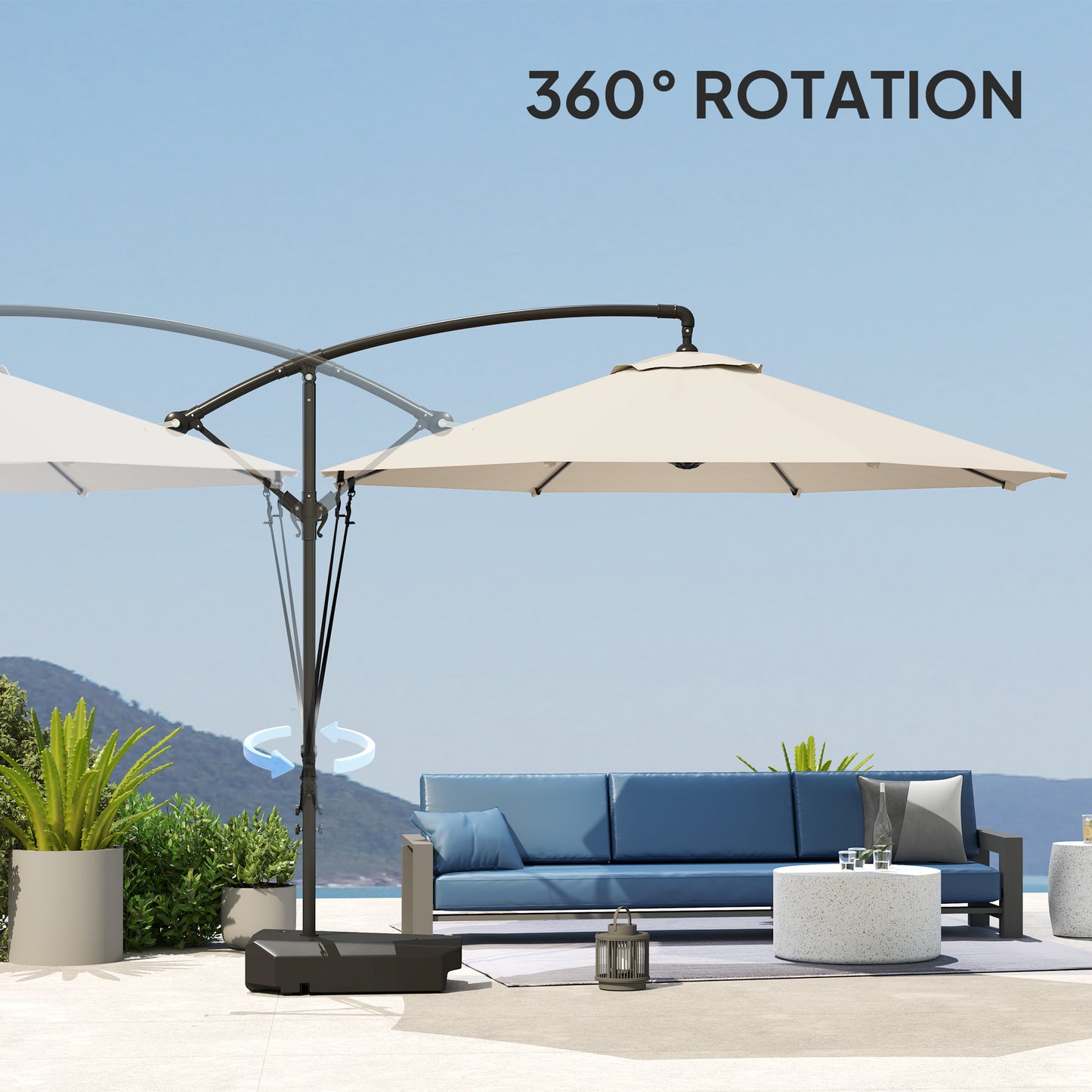 Outsunny 3(m) Parasol ogrodowy z wysięgnikiem i podstawą do napełniania do 90 kg, pasek chroniący przed wiatrem, pokrowiec, okrągły parasol wiszący typu banan z korbką i funkcją pochylania, parasol tarasowy UPF50+, kremowy