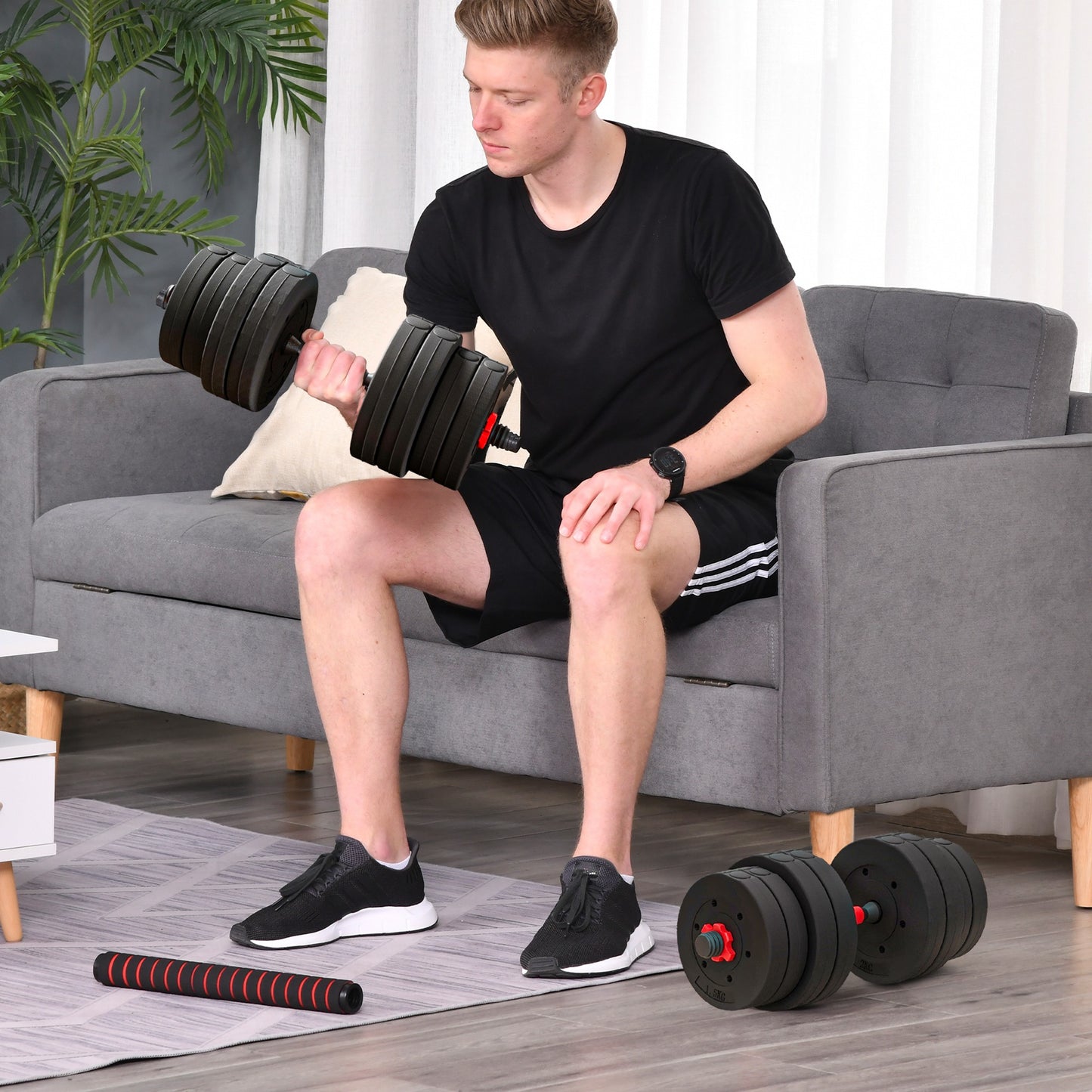 HOMCOM 30kg 2 W 1 Regulowany Zestaw Hantel, Hantle Ręczne Sztanga do Fitnessu Ciała, Trening Podnoszenia dla Domu, Biura, Siłowni, Czarny