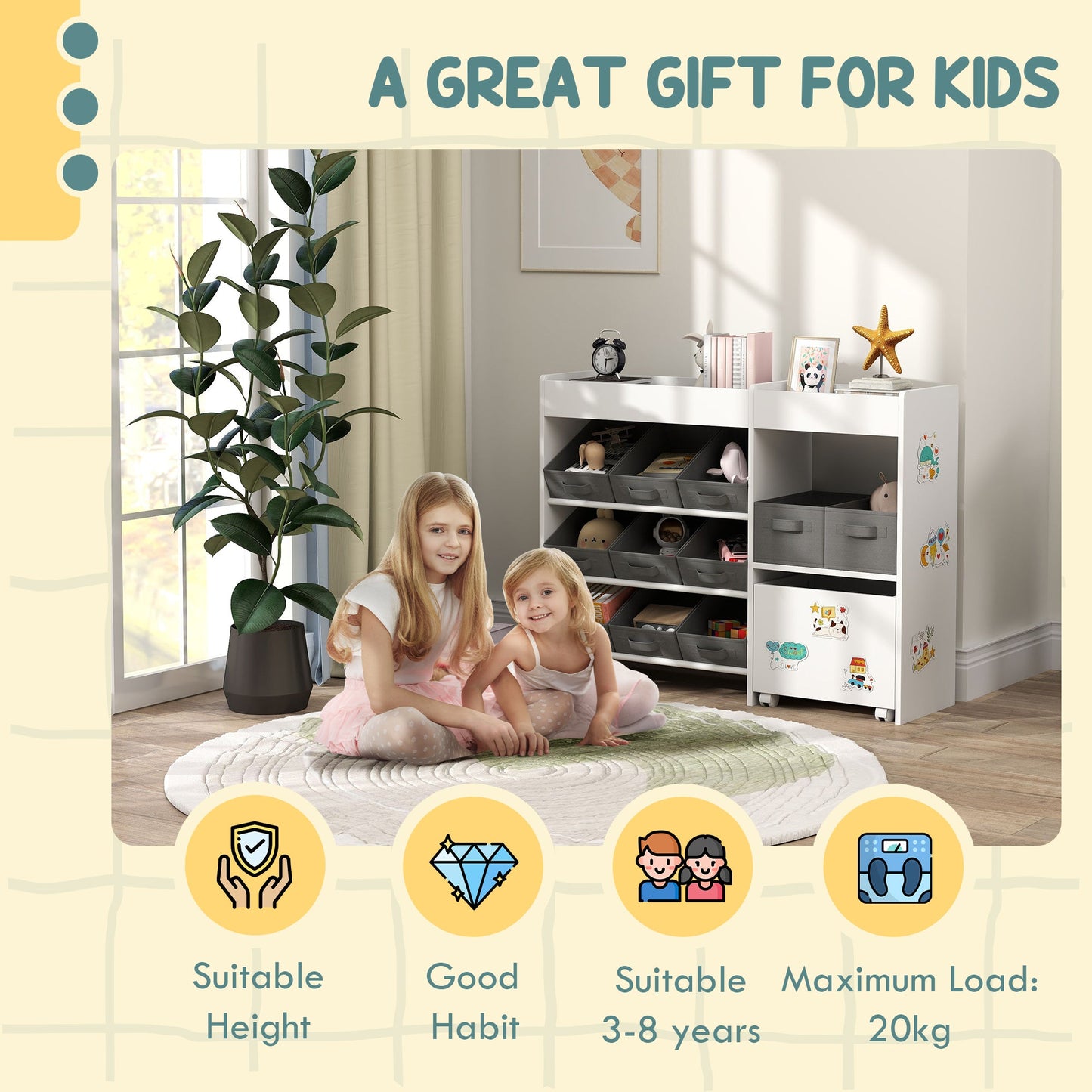 AIYAPLAY Kids Toy Storage Unit with 11 Bins, Cabinet, Top Shelves, 3 Stickers, for Nursery, Playroom, Kindergarten, White