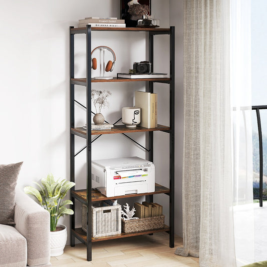 5-Tier Bookshelf Bookcase with Metal Frame and Dual Anti-Tipping Kits-Rustic Brown
