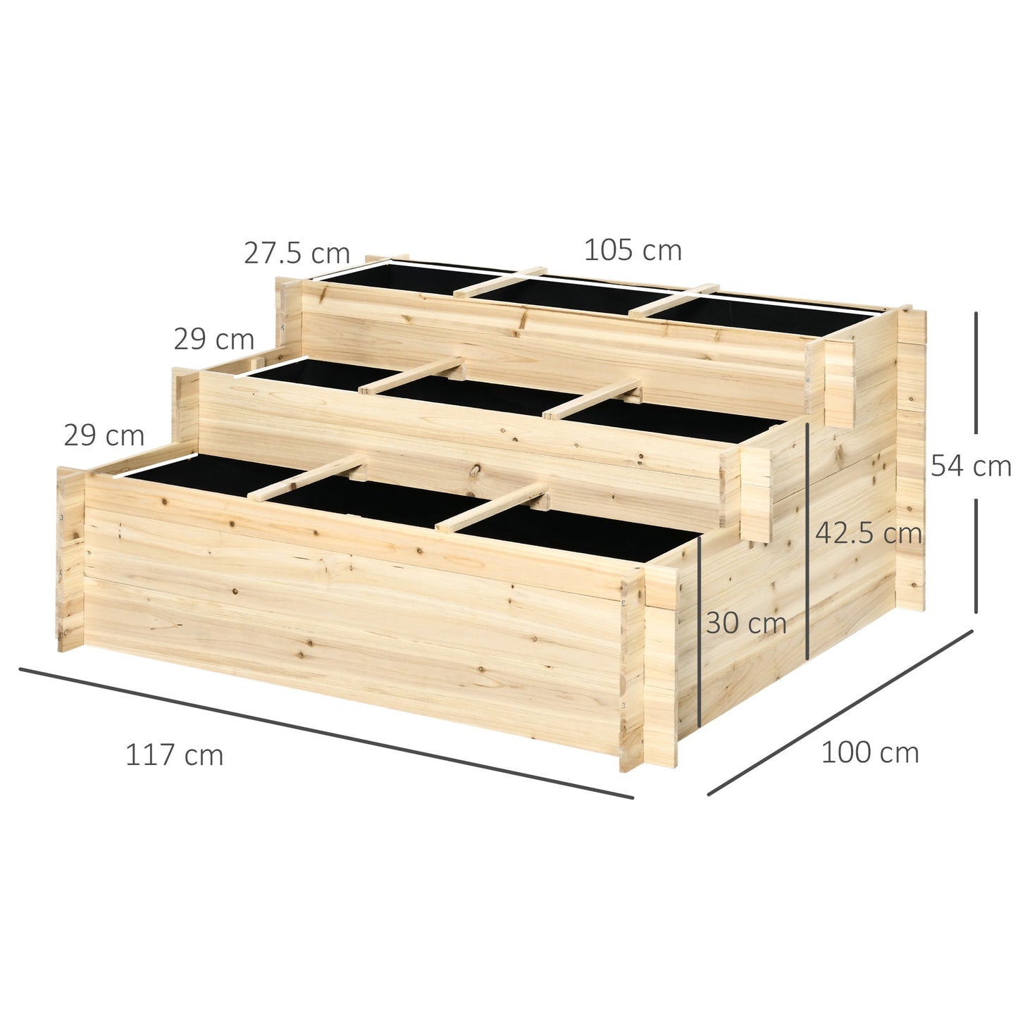 Outsunny 117 cm x 100 cm x 54 cm, 3-poziomowa podniesiona grządka ogrodowa, 376 l, podwyższona skrzynia na kwiaty z drewna jodłowego z 9 kratkami uprawowymi i tkaniną włókninową do warzyw, kwiatów i ziół, do użytku na zewnątrz i wewnątrz