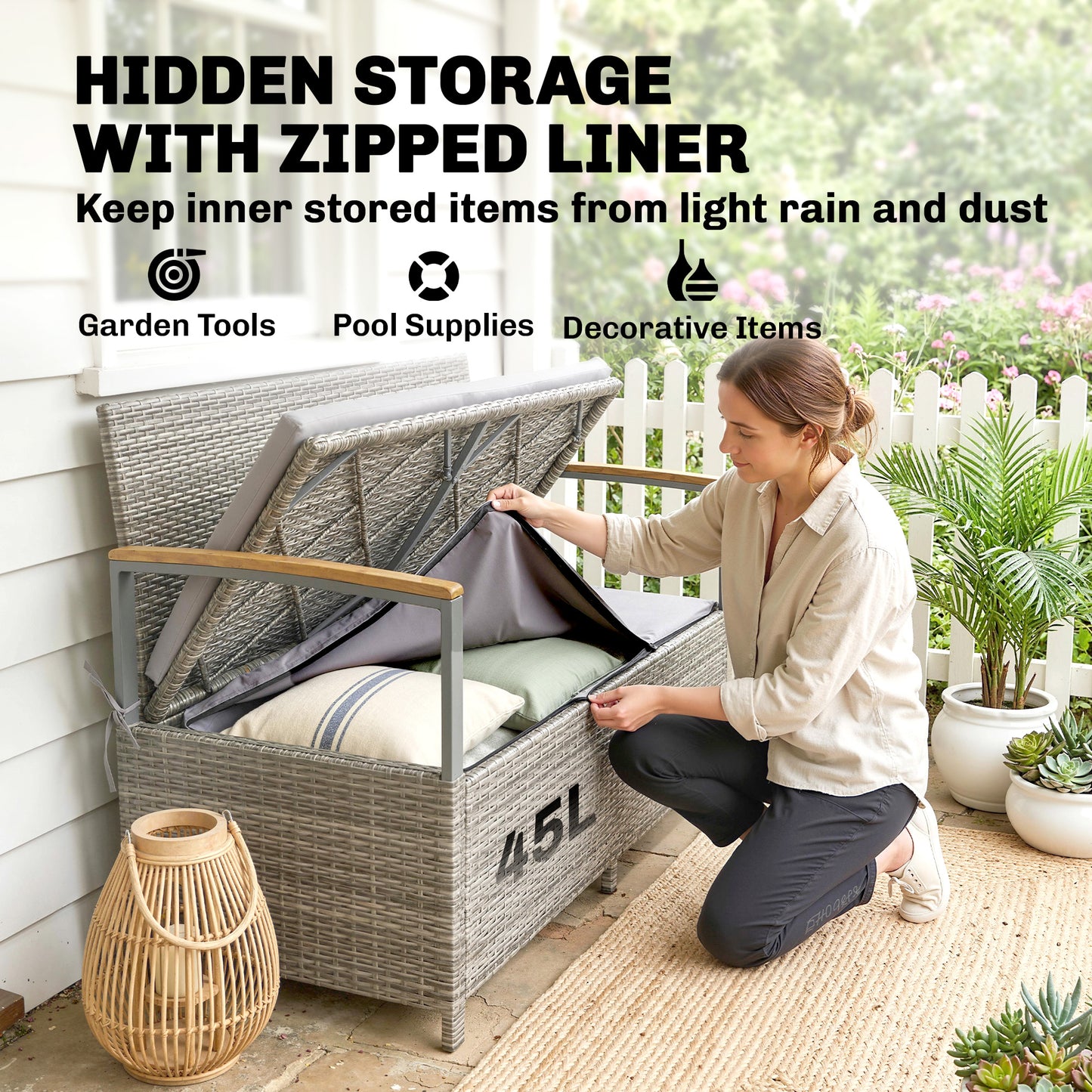 Outsunny 144 L Garden Storage Bench with Zipped Liner, 2 Seater Rattan Garden Bench with Storage, Gas Strut, Cushion, Light Grey