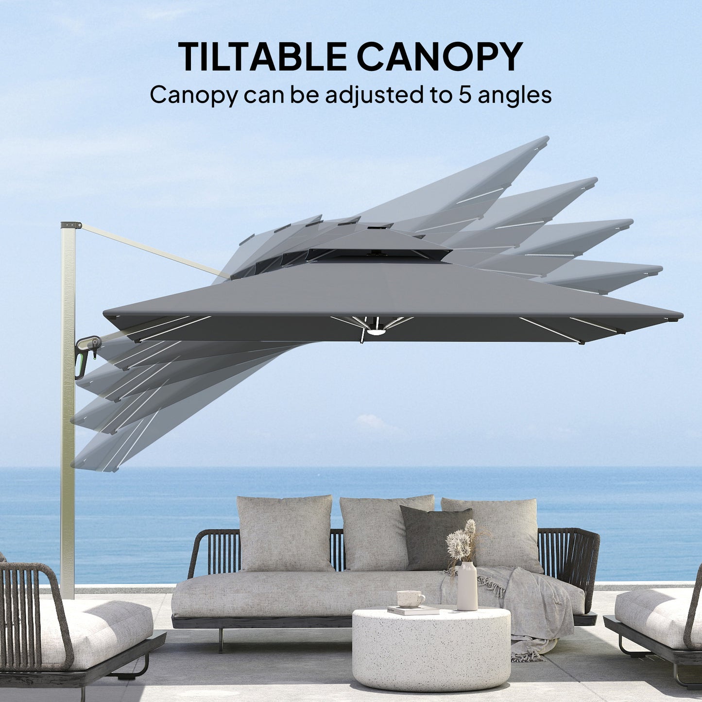 Outsunny 3(m) Parasol ogrodowy z wysięgnikiem i lampami LED zasilanymi energią słoneczną, podstawa krzyżowa, obrót 360√Ǭ∞, korba i pochylenie, szary
