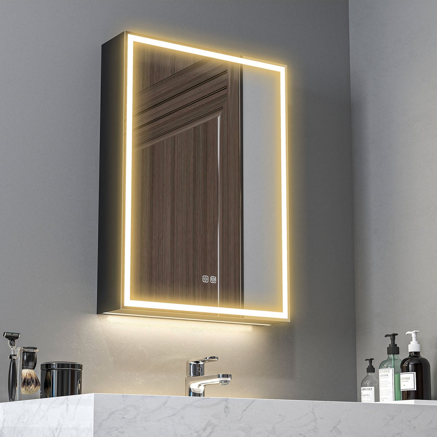 Szafka łazienkowa HOMCOM z lustrem, oświetleniem LED i gniazdkiem na golarkę, 500 x 700 mm, wisząca, z lustrem, matą przeciwmgielną, ściemniaczem, 3 kolory, szafka na leki, czarna
