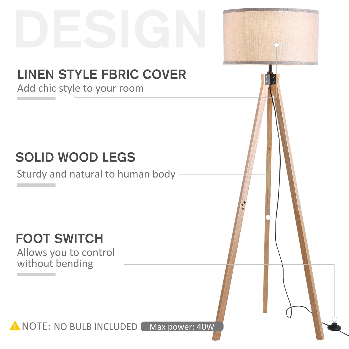 Lampa podłogowa HOMCOM z eleganckim drewnianym statywem, wolnostojąca, żarówka E27, uniwersalne zastosowanie w domowym biurze - beżowa
