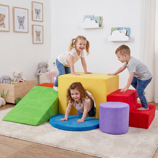 6 Pieces Foam Climbing Blocks for Kids with Slide and Tunnel for Toddlers 3+-Red