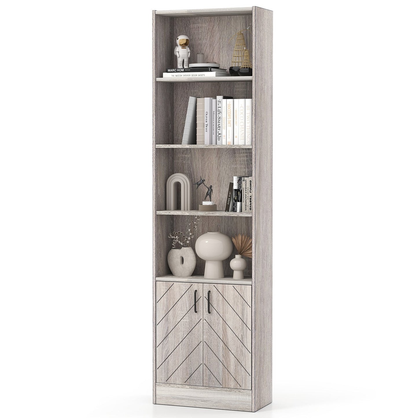 6-Tier 180cm Tall Bookshelf with Double Doors Open Cubes-Grey