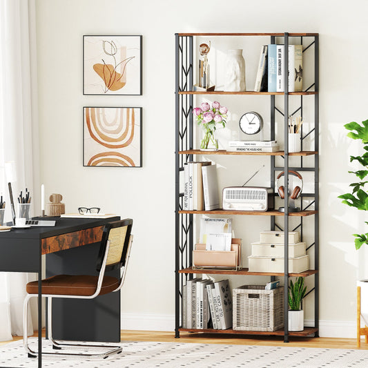 6-Tier Modern Geometric Bookcase with Heavy-duty Metal Frame for Study-Rustic Brown