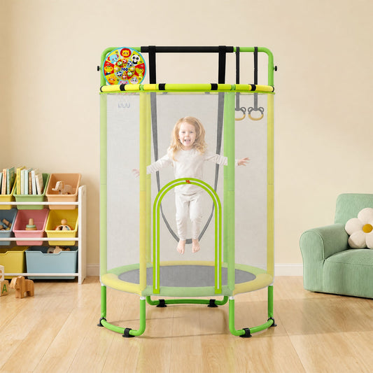 6-in-1 Kids Trampoline 140 cm Indoor Outdoor Trampoline with Swing-Yellow and Green
