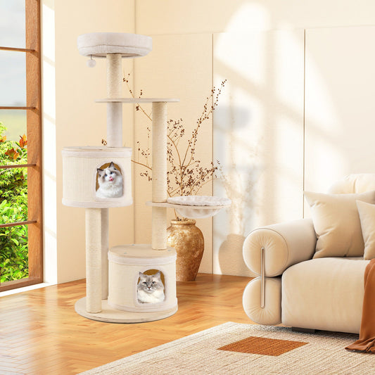 6-level Wooden cat tree with cat condo and sisal scratching posts for indoor-Natural