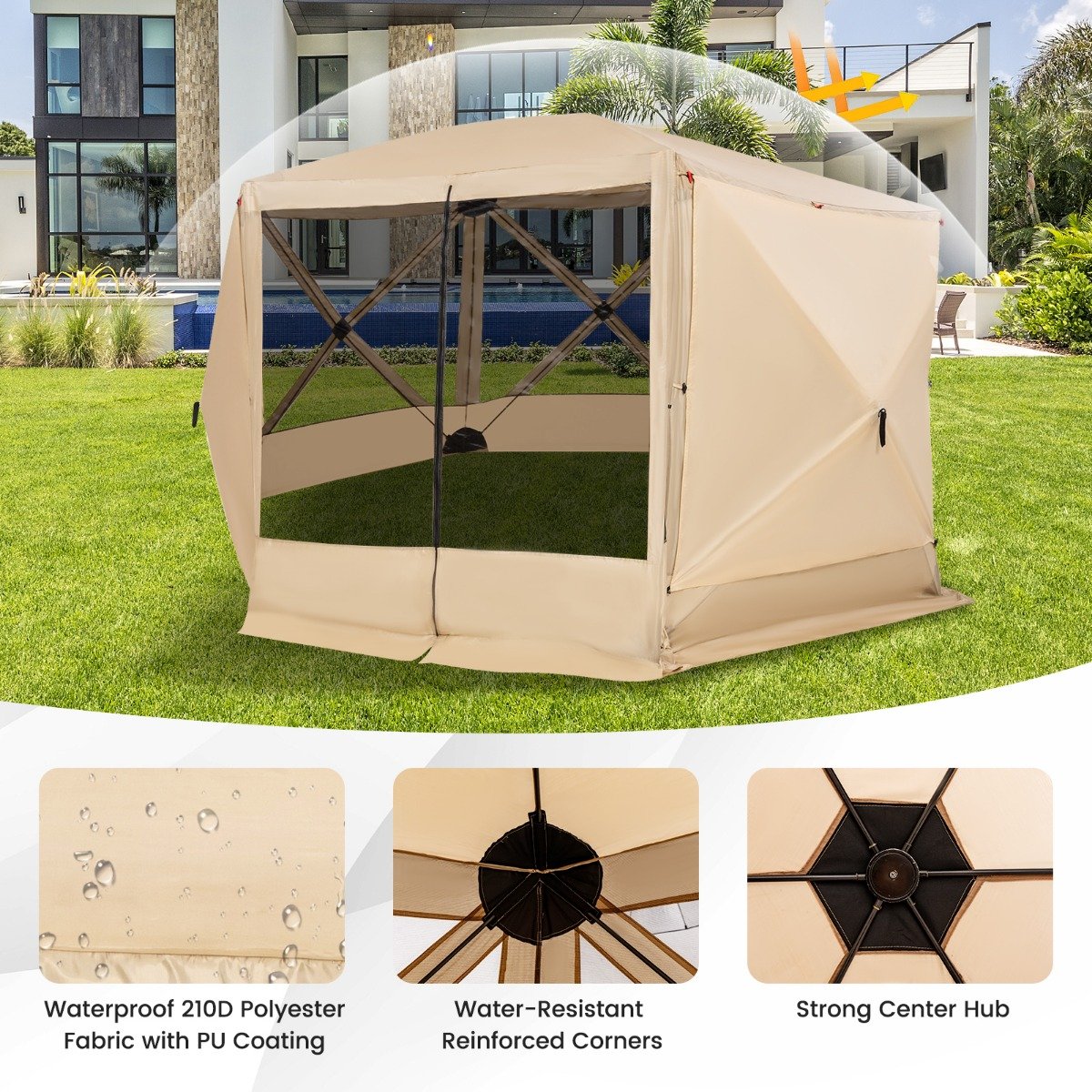 6-Sided Camping Gazebo Instant Setup Hub Tent with Portable Carrying Bag-Coffe