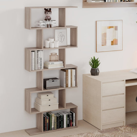 6-tier S-shaped Wooden Industrial Bookshelf in Grey, image 2