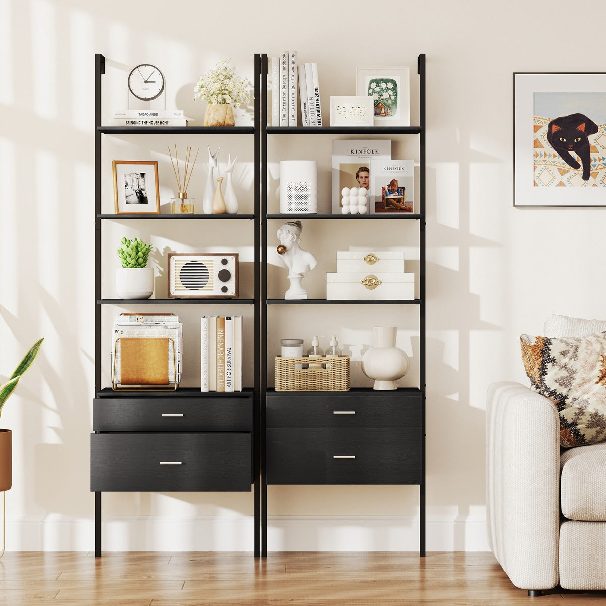 6-Tier Ladder Bookcase with 2 Drawers and Metal Frame-Black