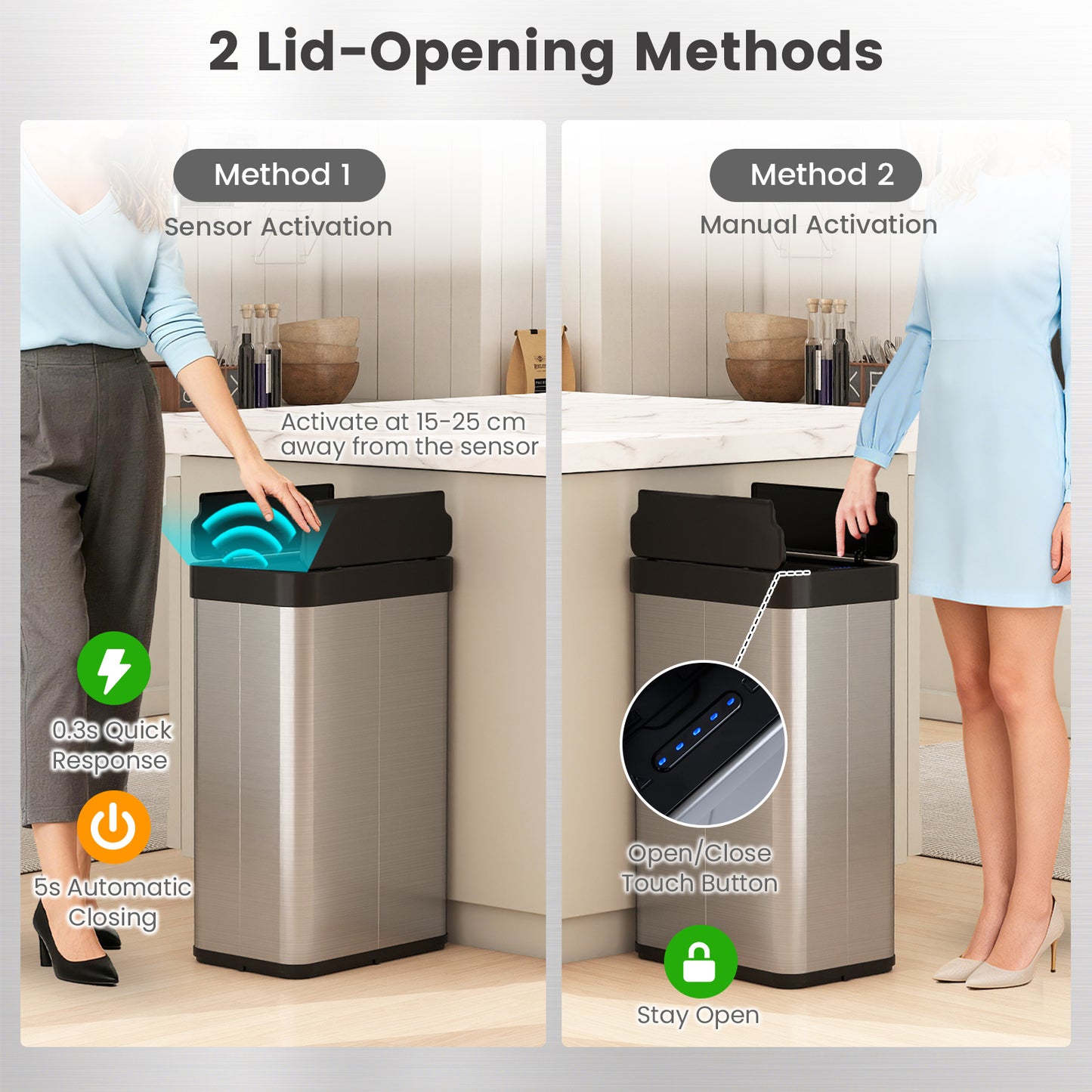 60L Trash Can with 2 Wing Lids Slim Automatic Touchless Waste Bin-Silver